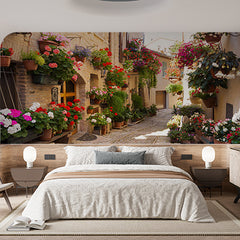 Custom Charming Mediterranean Alley Wall Mural - Cobblestone Street with Vibrant Flower Pots