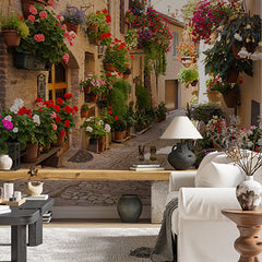 Custom Charming Mediterranean Alley Wall Mural - Cobblestone Street with Vibrant Flower Pots