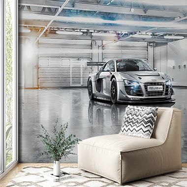 High-Performance Racing Car Wall Mural - Sleek Audi R8 LMS in Modern Garage