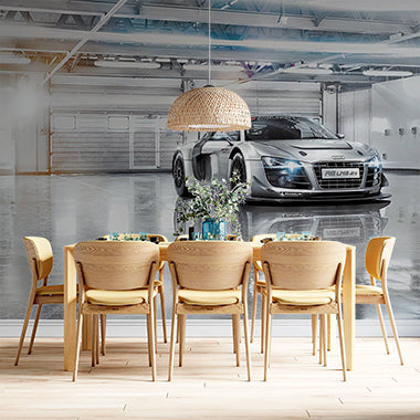 High-Performance Racing Car Wall Mural - Sleek Audi R8 LMS in Modern Garage