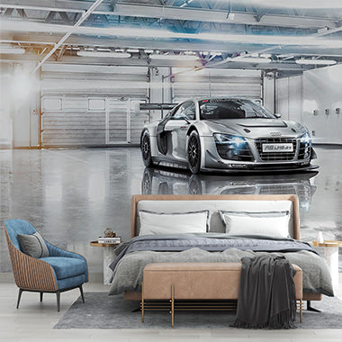 High-Performance Racing Car Wall Mural - Sleek Audi R8 LMS in Modern Garage