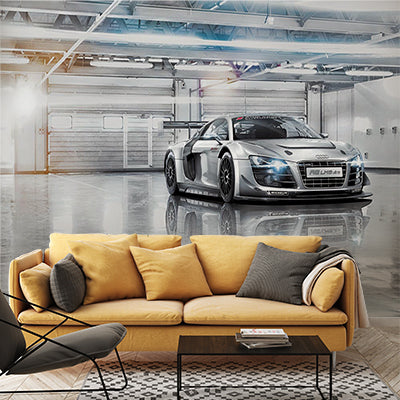 High-Performance Racing Car Wall Mural - Sleek Audi R8 LMS in Modern Garage