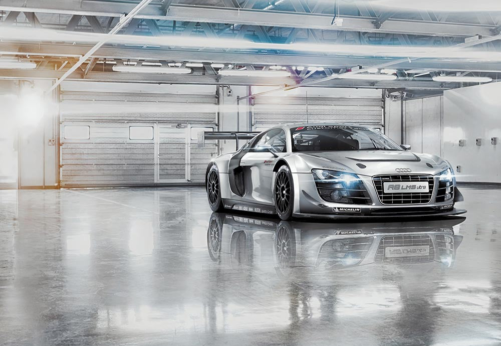 High-Performance Racing Car Wall Mural - Sleek Audi R8 LMS in Modern Garage