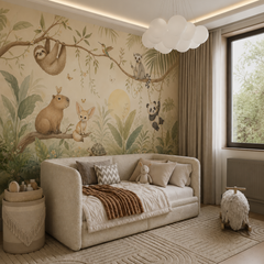 Playful jungle friends wall mural displayed behind a neutral children’s daybed