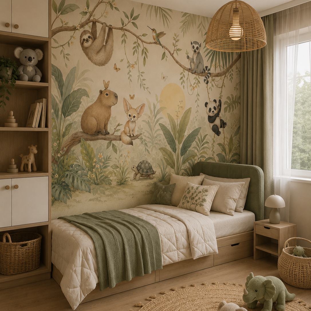 Botanical animal mural with sloth, panda and capybara in a sage green kids’ bedroom