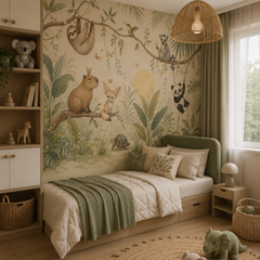 Botanical animal mural with sloth, panda and capybara in a sage green kids’ bedroom