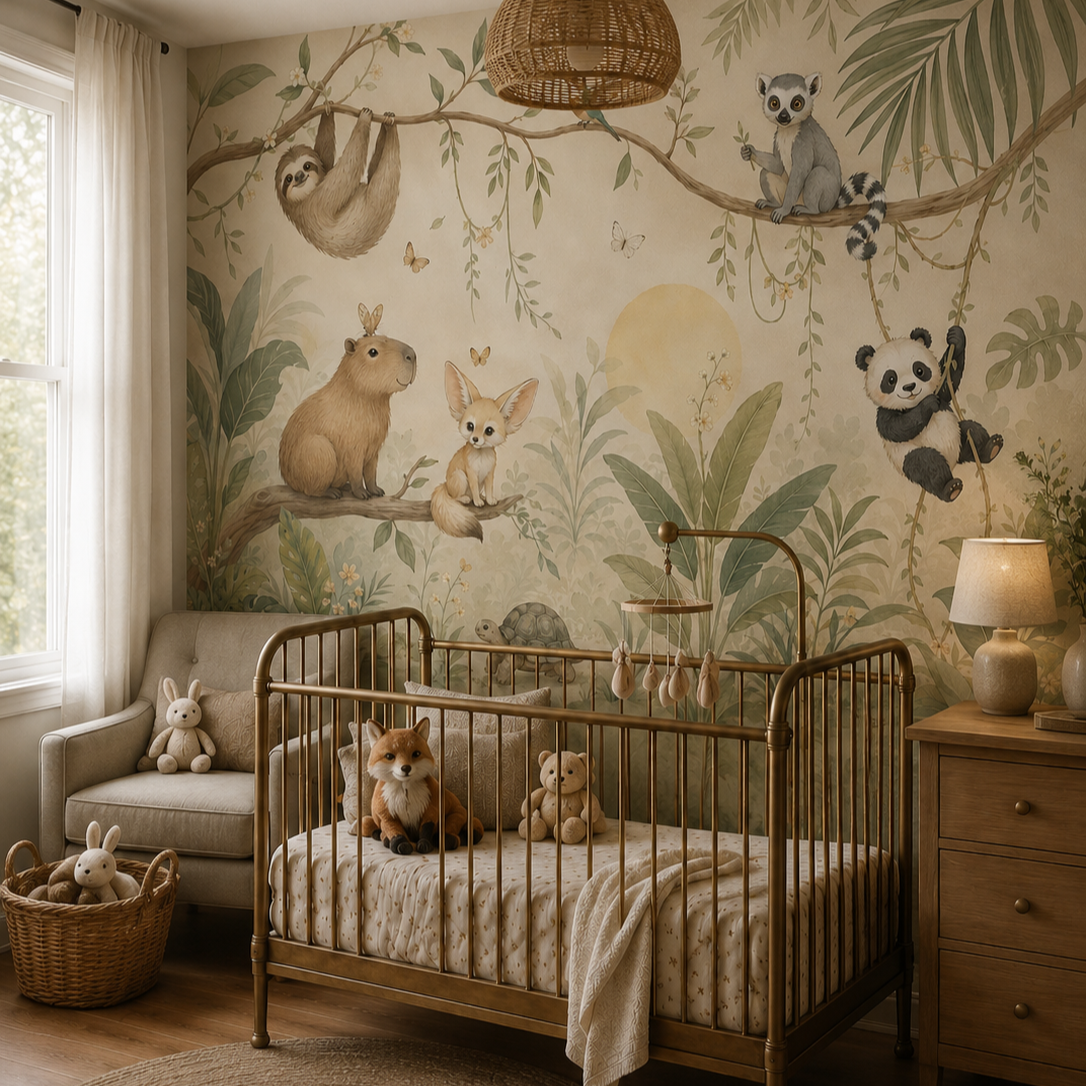 Watercolor jungle animal wall mural in a warm neutral nursery with a vintage crib