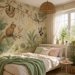 Jungle friends mural with sloth, panda and lemur in a bright botanical bedroom