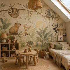 Watercolor jungle animal mural with sloth, panda, lemur, capybara, fennec fox and tortoise