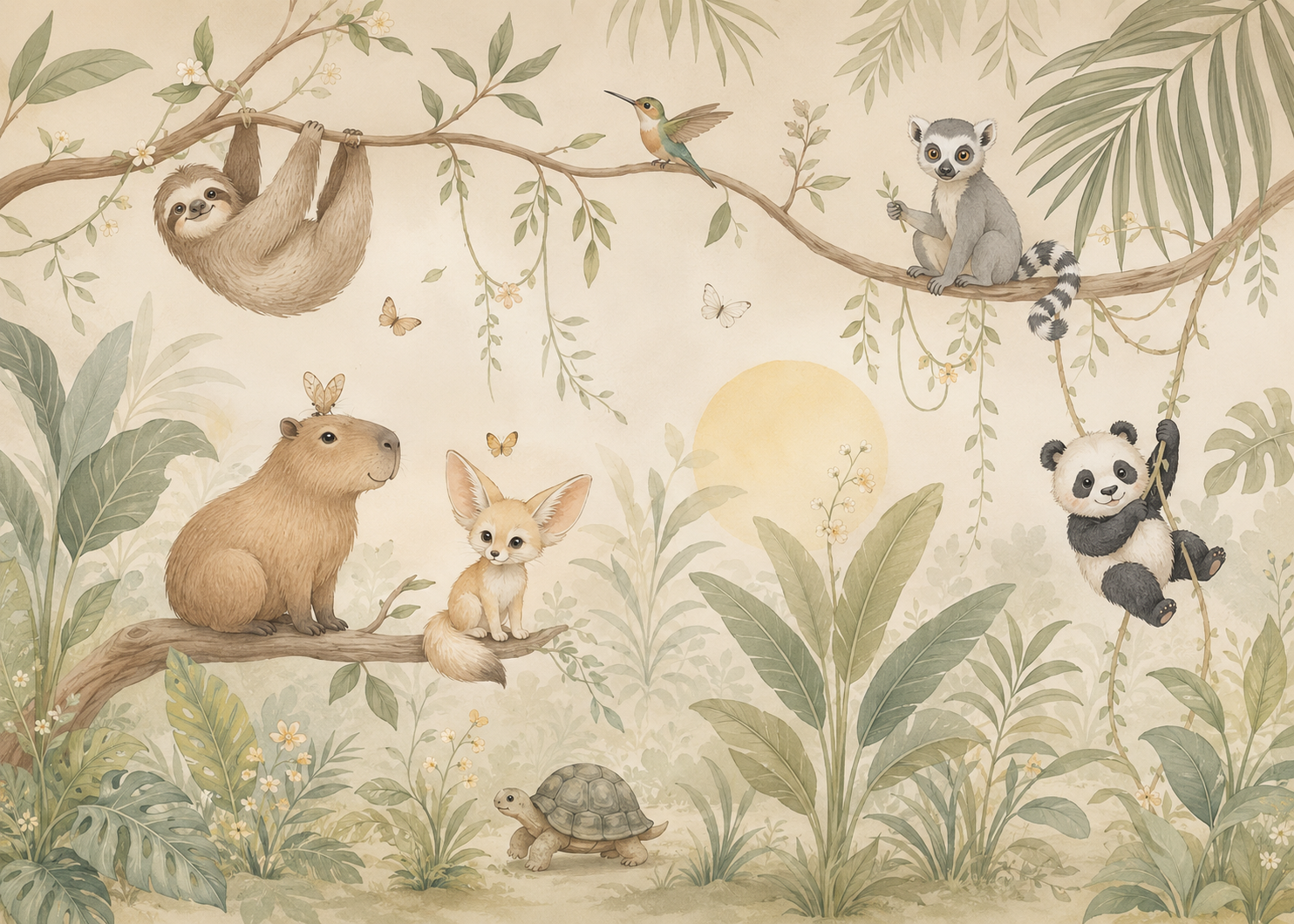 Whimsical tropical animal wall mural in a cozy attic playroom and children’s bedroom