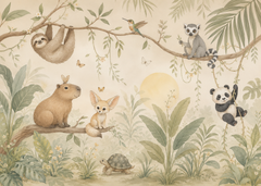 Whimsical tropical animal wall mural in a cozy attic playroom and children’s bedroom