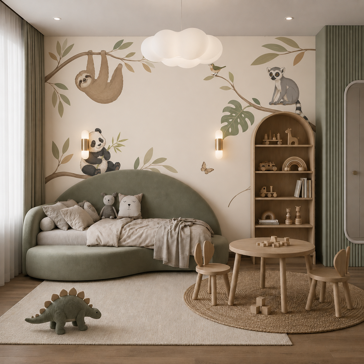 Sloth, panda and lemur wall mural in a modern sage green children’s playroom