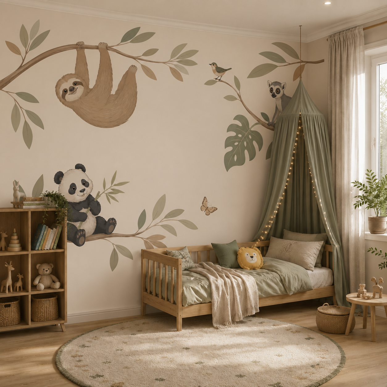 Minimalist jungle friends mural displayed in a cozy children’s bedroom with canopy bed