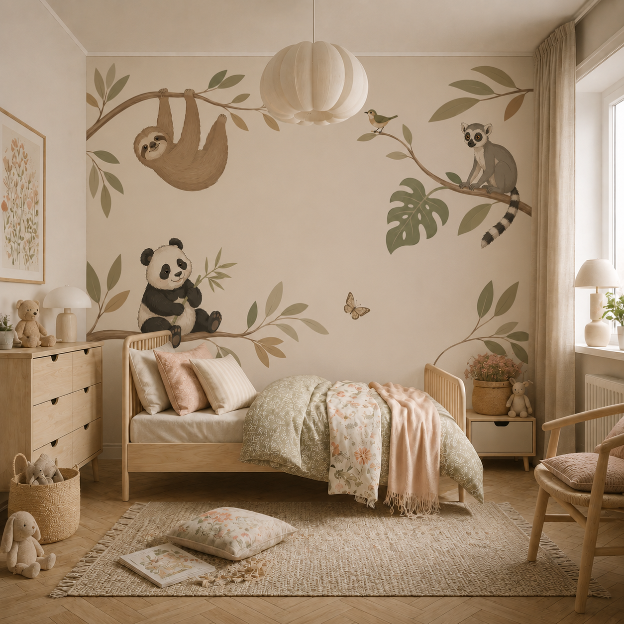 Minimalist jungle animal mural with sloth, panda, lemur, bird and leafy branches