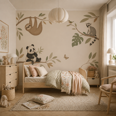 Minimalist jungle animal mural with sloth, panda, lemur, bird and leafy branches