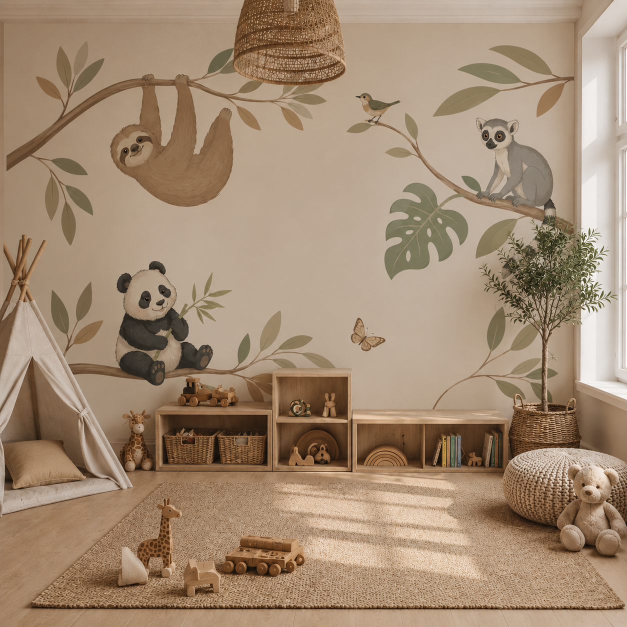 Sloth, panda and ring-tailed lemur mural in a warm neutral kids’ bedroom