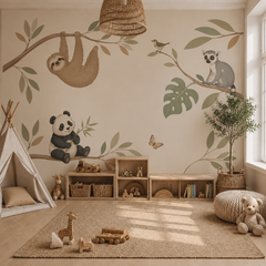 Sloth, panda and ring-tailed lemur mural in a warm neutral kids’ bedroom
