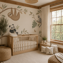 Modern jungle animal wall mural in a bright neutral children’s playroom