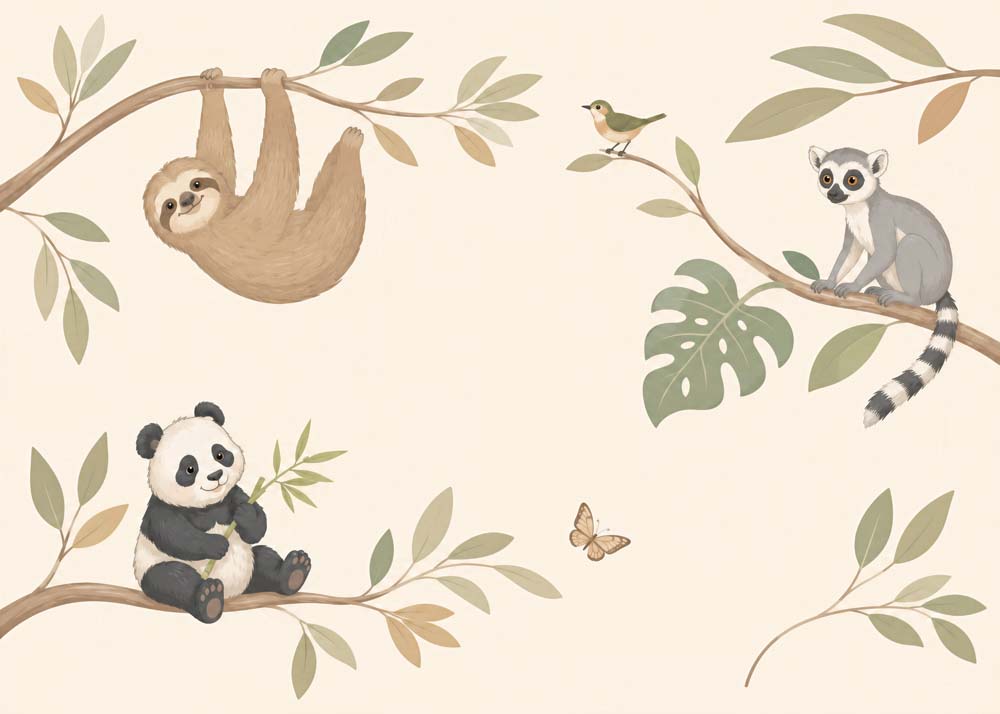 Sloth, panda and lemur wall mural displayed in a natural wood nursery