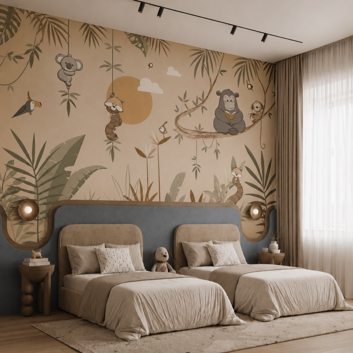 Sloth, panda and lemur wall mural in a modern sage green children’s playroom