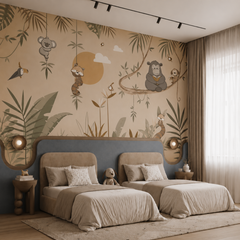 Sloth, panda and lemur wall mural in a modern sage green children’s playroom