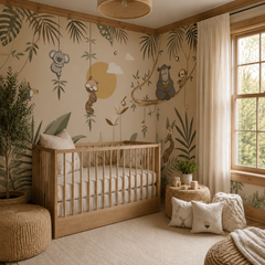Minimalist jungle friends mural displayed in a cozy children’s bedroom with canopy bed
