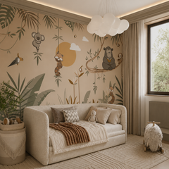 Sloth, panda and ring-tailed lemur mural in a warm neutral kids’ bedroom