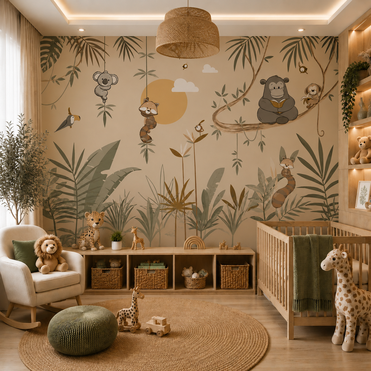 Minimalist jungle animal mural with sloth, panda, lemur, bird and leafy branches