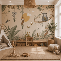 Modern jungle animal wall mural in a bright neutral children’s playroom