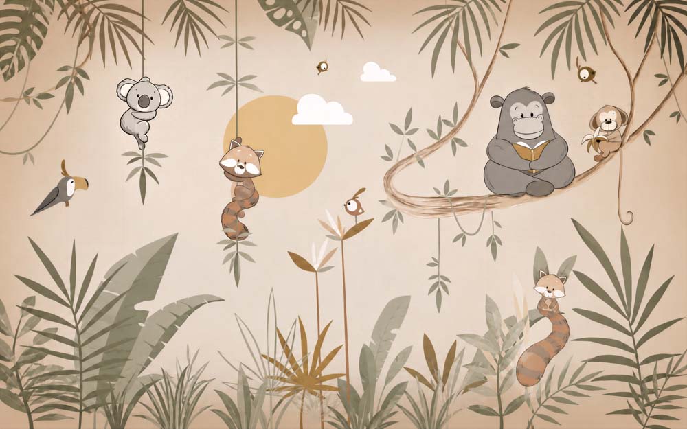 Sloth, panda and lemur wall mural displayed in a natural wood nursery