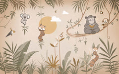 Sloth, panda and lemur wall mural displayed in a natural wood nursery
