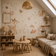Cartoon jungle animal mural in a modern shared children’s bedroom