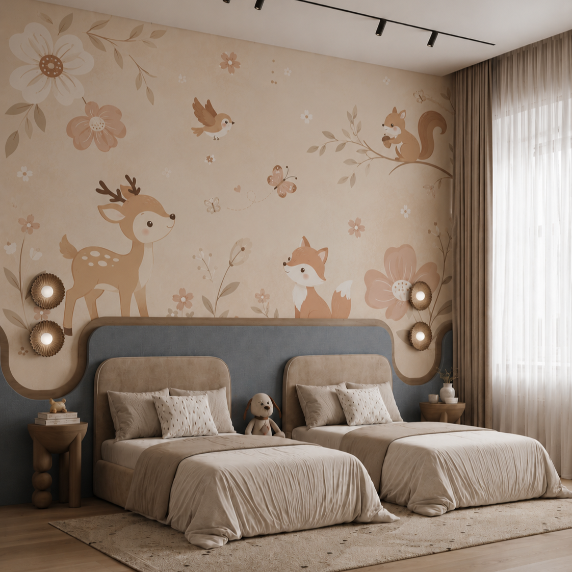 Koala, gorilla and red panda wall mural displayed in a natural wood nursery