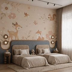 Koala, gorilla and red panda wall mural displayed in a natural wood nursery