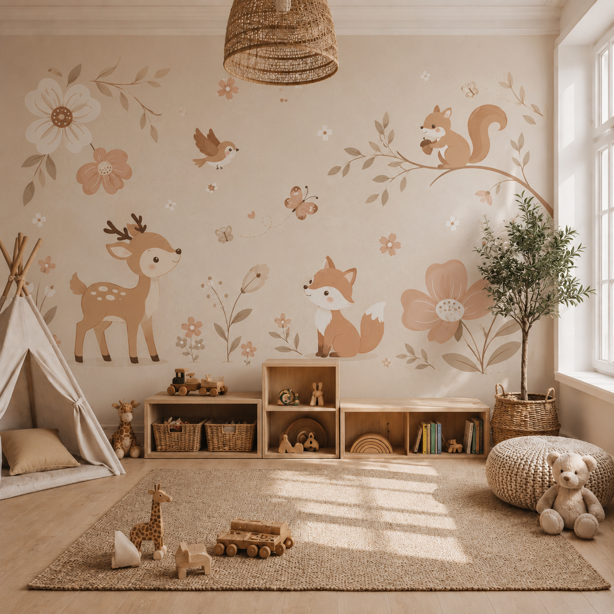 Storybook jungle wall mural with koala, gorilla, monkey, red pandas and toucan