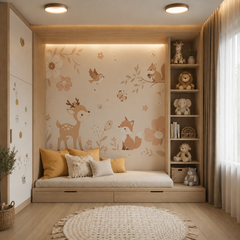 Botanical jungle friends mural behind a neutral children’s daybed