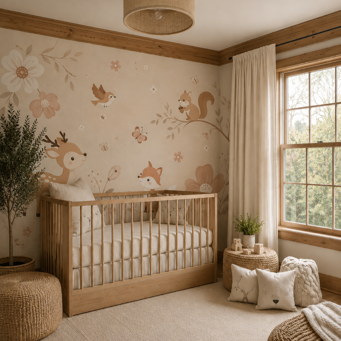 Storybook tropical animal wall mural in a warm nature-inspired nursery