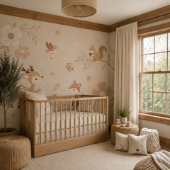 Storybook tropical animal wall mural in a warm nature-inspired nursery