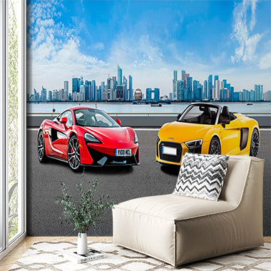 Supercars in Urban Landscape Wall Mural - Vibrant McLaren and Audi Against City Skyline