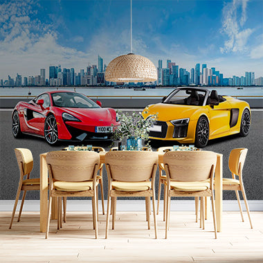 Supercars in Urban Landscape Wall Mural - Vibrant McLaren and Audi Against City Skyline