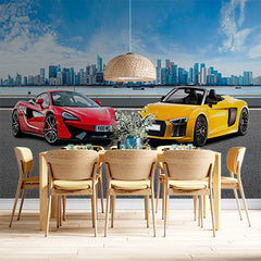 Custom Supercars in Urban Landscape Wall Mural - Vibrant McLaren and Audi Against City Skyline