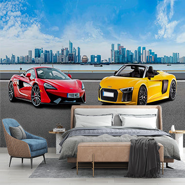 Supercars in Urban Landscape Wall Mural - Vibrant McLaren and Audi Against City Skyline