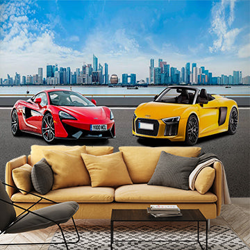 Supercars in Urban Landscape Wall Mural - Vibrant McLaren and Audi Against City Skyline