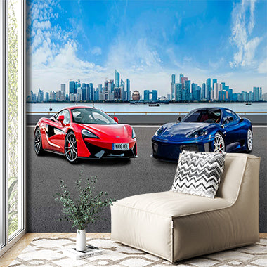 Dynamic Supercars on Urban Waterfront - Red McLaren and Blue Ferrari Against City Skyline Wall Mural