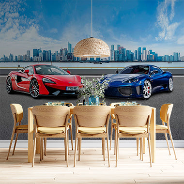 Dynamic Supercars on Urban Waterfront - Red McLaren and Blue Ferrari Against City Skyline Wall Mural