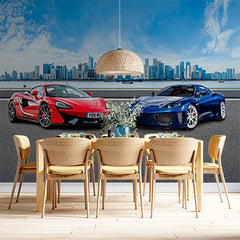 Custom Dynamic Supercars on Urban Waterfront - Red McLaren and Blue Ferrari Against City Skyline Wall Mural