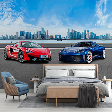 Custom Dynamic Supercars on Urban Waterfront - Red McLaren and Blue Ferrari Against City Skyline Wall Mural