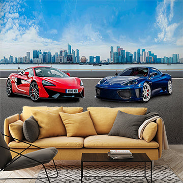 Dynamic Supercars on Urban Waterfront - Red McLaren and Blue Ferrari Against City Skyline Wall Mural