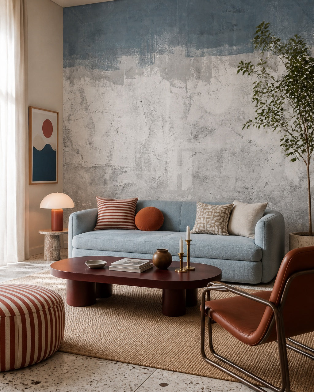 Blue and grey concrete wallpaper in a designer living room.