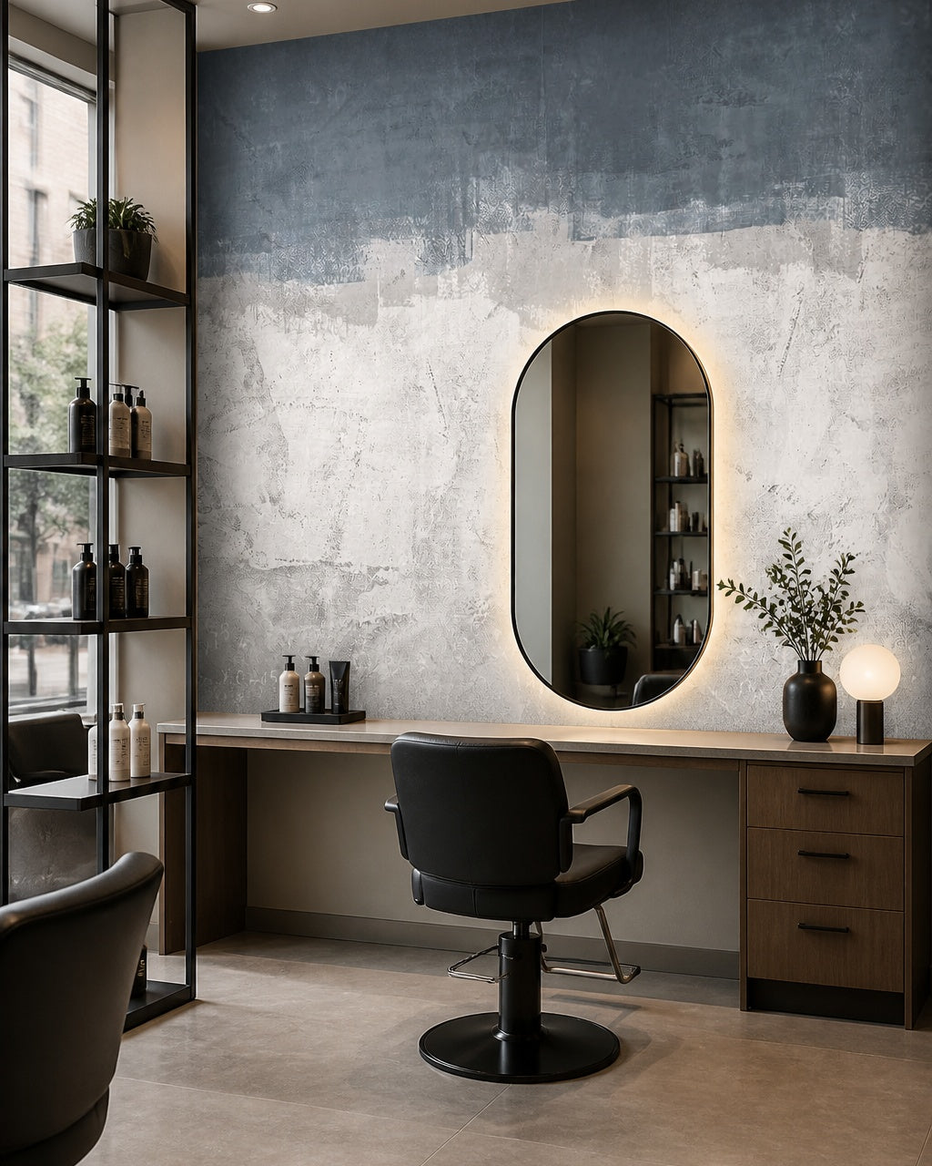 Blue and grey concrete wallpaper in a beauty salon.